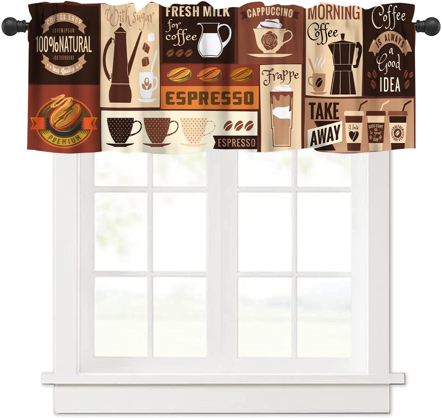 Coffee Valance Curtains for Kitchen,Vintage Old Art Espresso Cappuccino Poster Window Valances Short Panel Blackout Treatment Drapes for Dining Hal Living Room Bedroom 54x 18 in