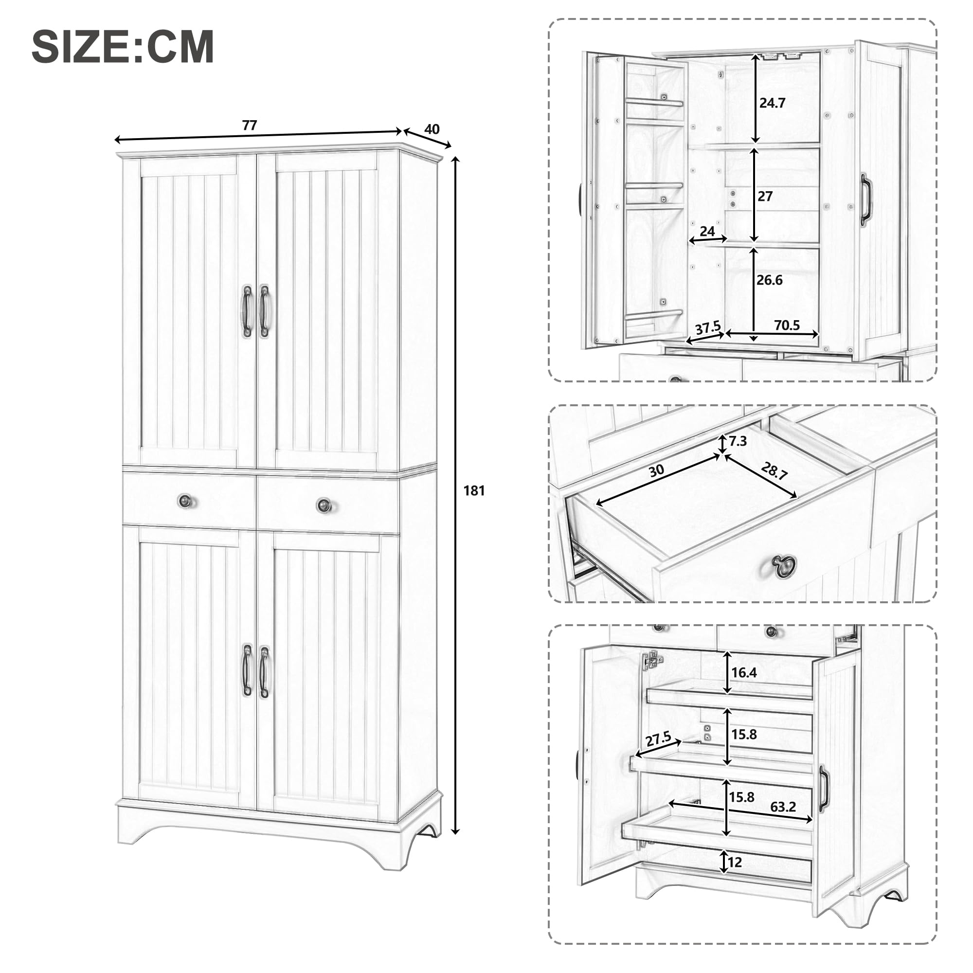 Armario alto con estantes ajustables y cajones, estantería con estantes extensibles y puertas de frigorífico, ideal para comedor, salón y cocina (color blanco)