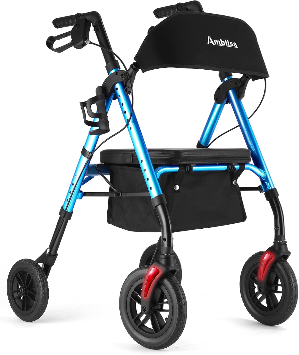 Ambliss 10″ Front Wheeled Walkers for Seniors,Rollator Walker with Seat and Extra Wide Backrest, Lightweight Collapsible Rolling Walker, Adjustable Height Rollator Walker with Cup & Cane Holder (Blue)