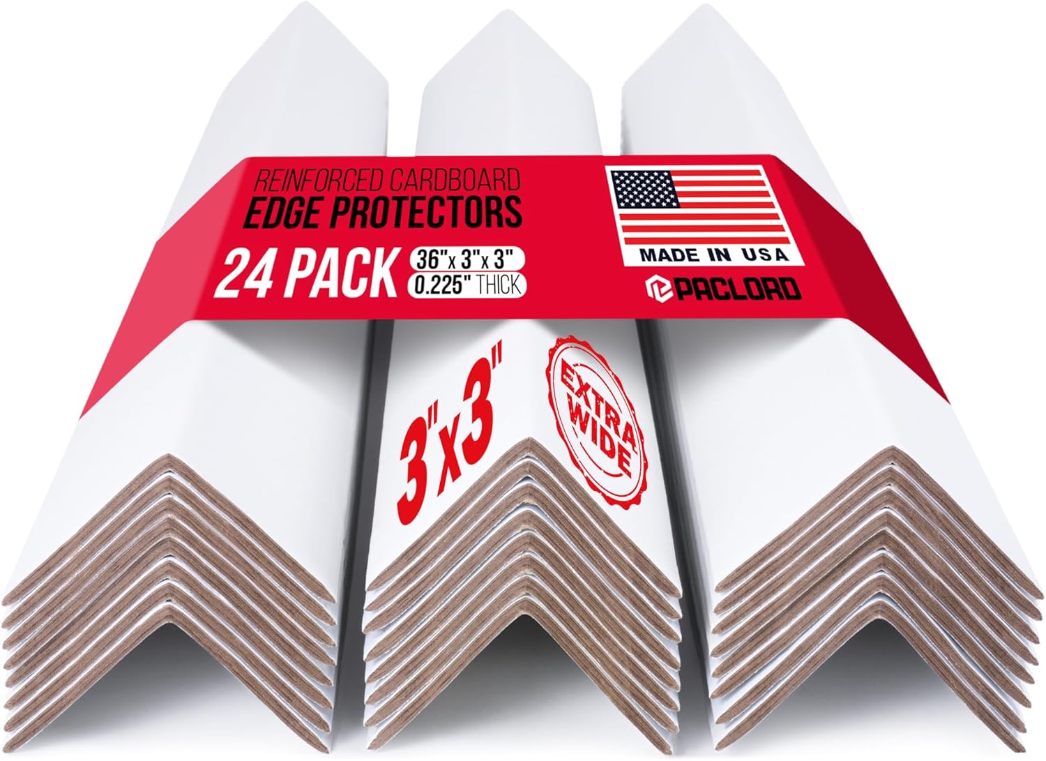 Extra-Wide 36" x 3" x 3" Reinforced Cardboard Edge Protectors (Pack of 24) – 0.225" Heavy-Duty Thickness – Cardboard Edge Protectors for Shipping – American Quality Pallet Edge Protector