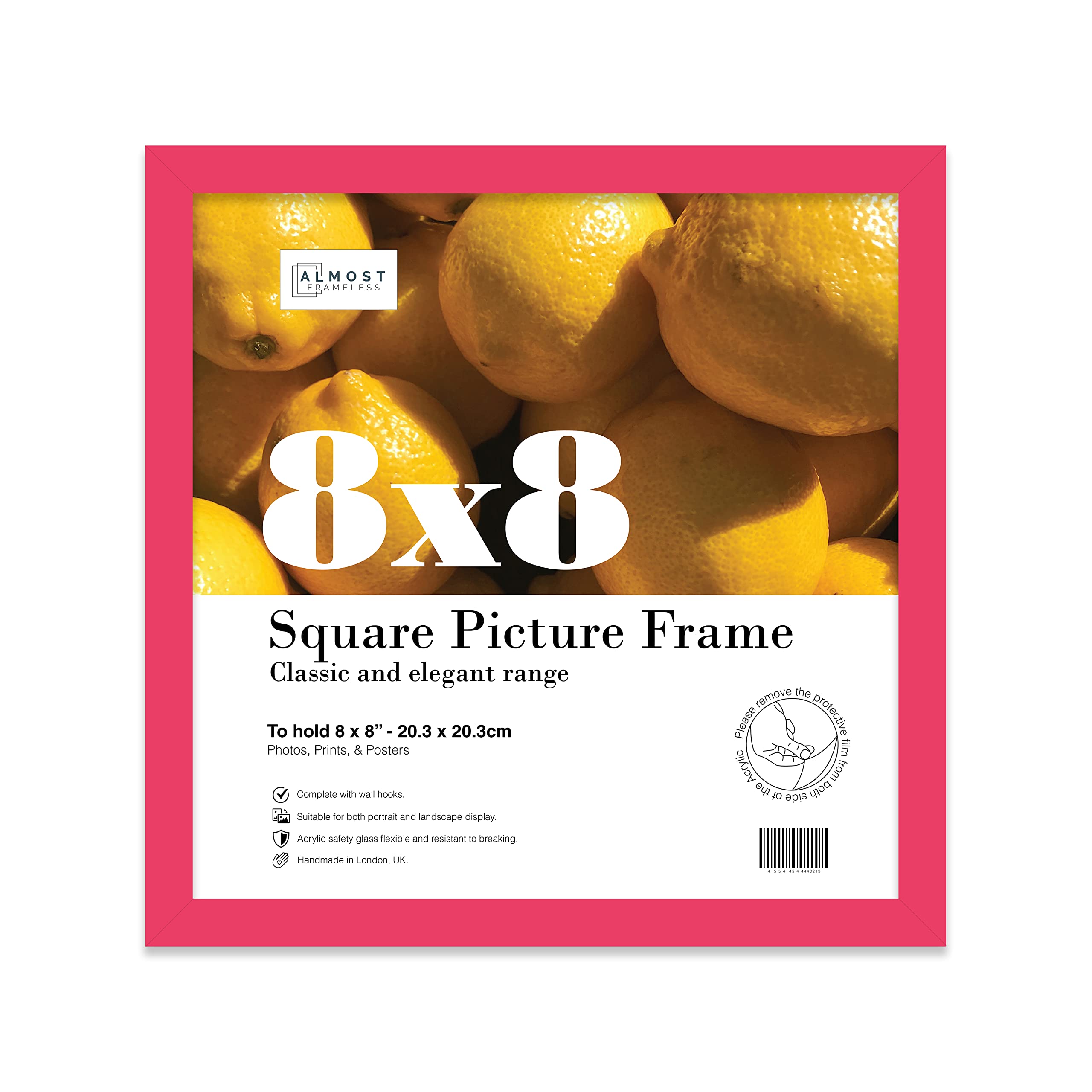 Almost Frameless 8x8 Bright Pink Picture Frame 8"x8" (20.3x20.3cm) Poster, Photo, Artwork, or Print. Thin Edge Slim Frame Portrait and Landscape Display with Wall Hooks