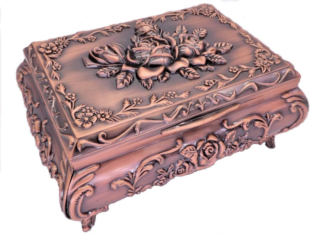 Handmade Jewelry Box Vintage Classic Antique Trinket Box Metal Zinc Alloy (DIFFERENT STYLES and SIZE Available) (Style A - Medium : Copper Tone, 5 inch)