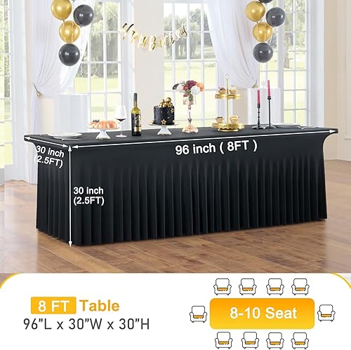 Vista 90 de Paquete de 2 manteles de elastano negro para mesas rectangulares de 6 pies, sin arrugas, elásticos, ajustables, falda de mesa elegante de 6 pies