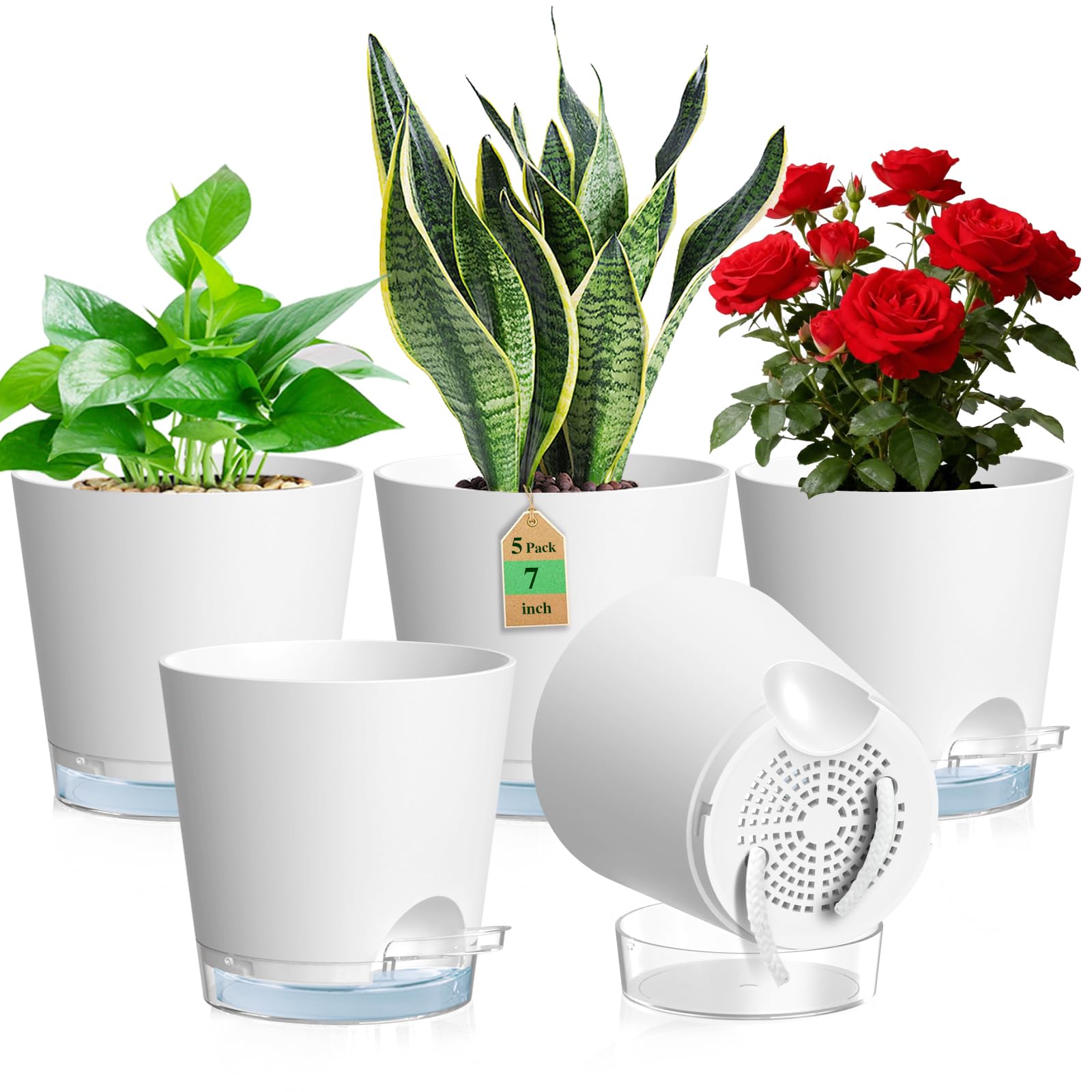 WSMKSZ 17.6 cm Self Watering Plant Pots Indoor, 5 Pack Thick Plastic Flower Pots with Clear Reservoir, Visible Water Level and Drainage Holes, Medium Planter Pots with Cotton Wick for Outdoor, White