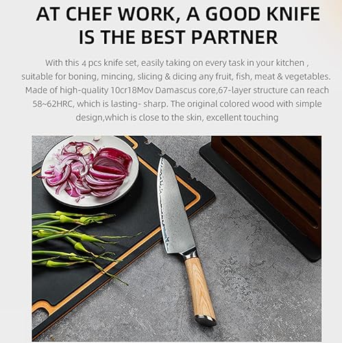 Miniatura 2 de Juego de cuchillos de acero de Damasco de 4 piezas, diseño de hoja afilada de acero inoxidable de alto carbono, VG10 de 67 capas, espiga completa,