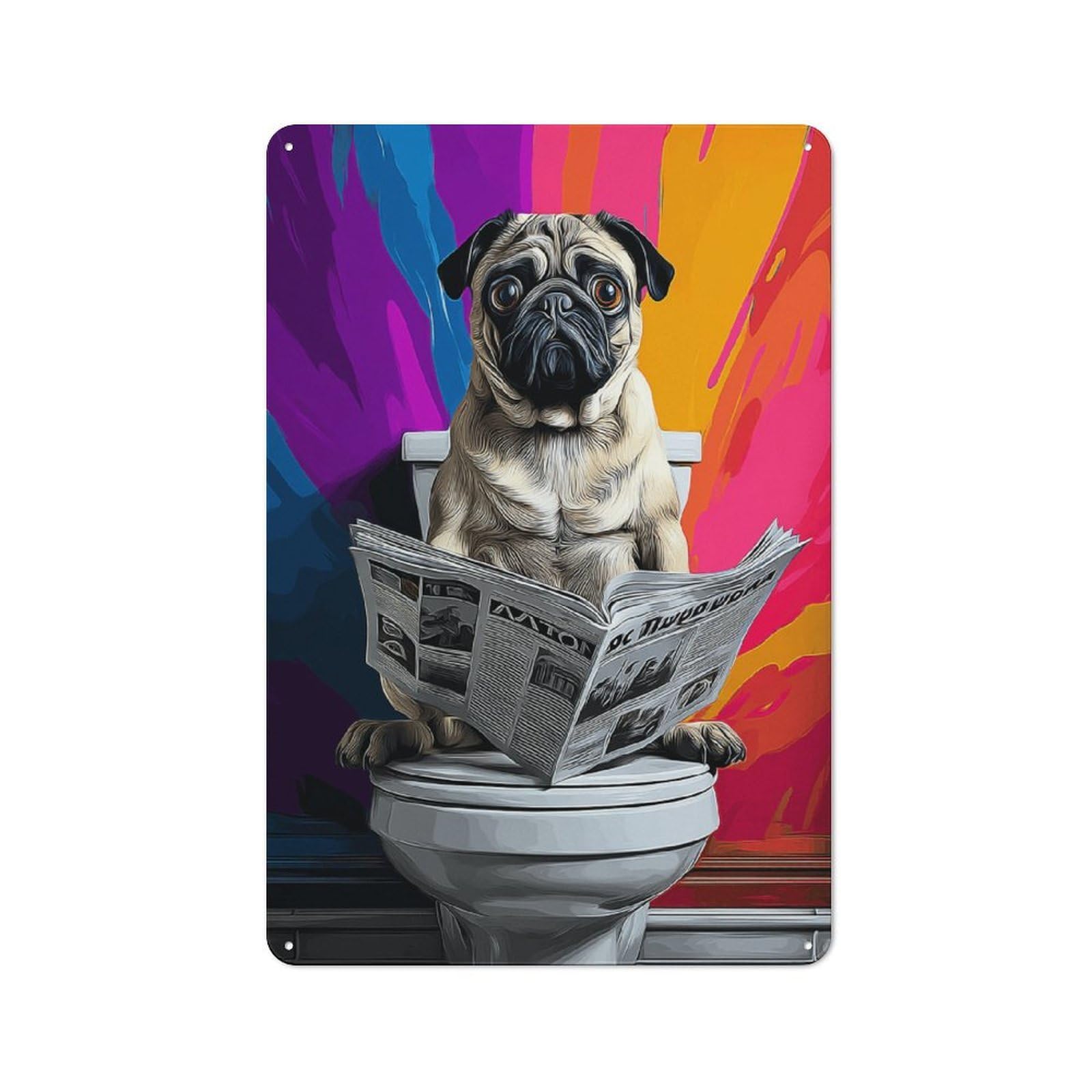Junmoney Pug On Toilet Reading Newspaper Metal Sign 30X20cm, Vintage Bar Wall Plaque For Diner, Restaurant, Shed Or Kitchen