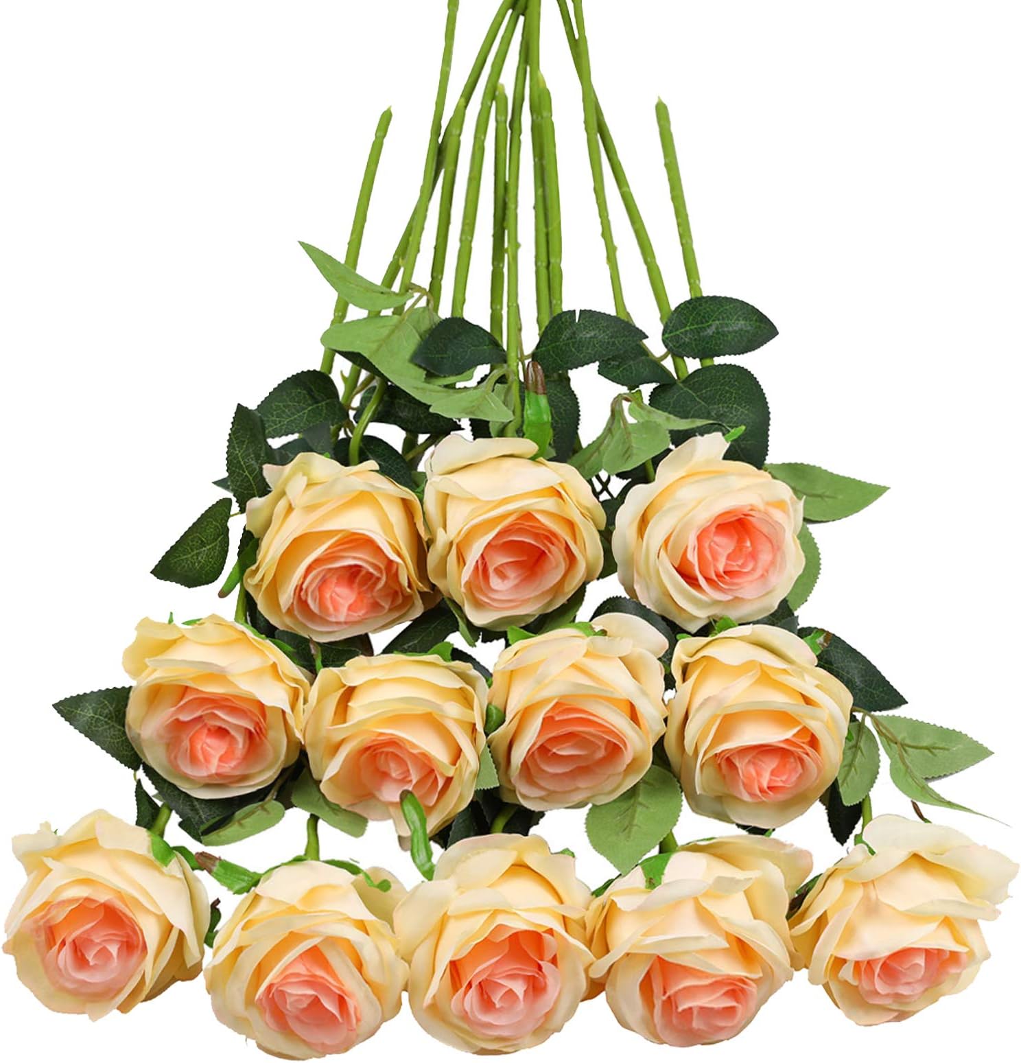 Tifuly Champagne Roses Artificial Flowers - 12 pcs Realistic Single Long Stem Fake Silk Roses Bouquet for Party Home Wedding Centerpiece Office DIY Decor