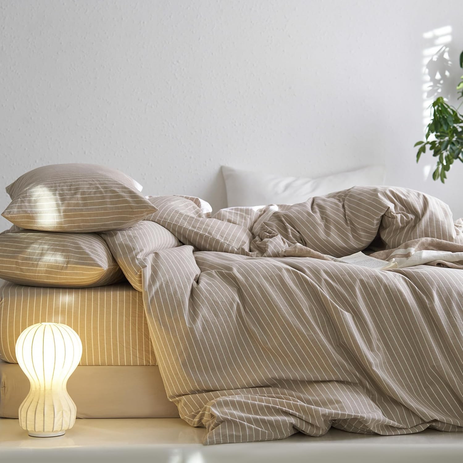 Sedefen Bettwäsche 220x240 cm Baumwolle Khaki Taupe Gestreift Baumwollbettwäsche Set,Renforce Bettbezug und 2 Kissenbezug 80x80cm mit Reißverschluss