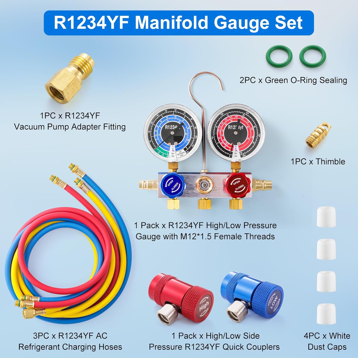 R1234YF AC Manifold Gauge Set, 5FT AC Manifold Freon Gauge Set, R1234YF Quick Couplers and High and Low Refrigerant Diagnostic Tool Kit with 3 Piece AC Manifold Gauge Hose 800-4000PSI