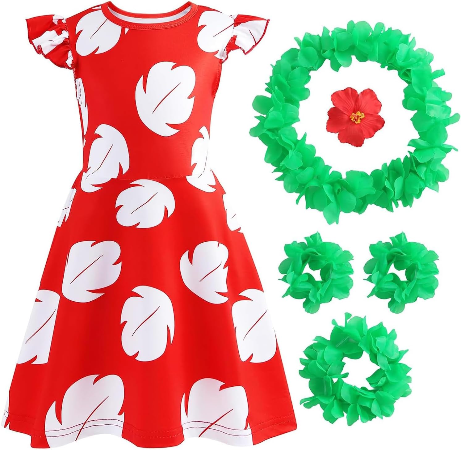 Hawaiian Little Girls Costume Dress with Luau Flower Leis Accessories Flower Hair Clip Halloween Party Cosplay Outfit