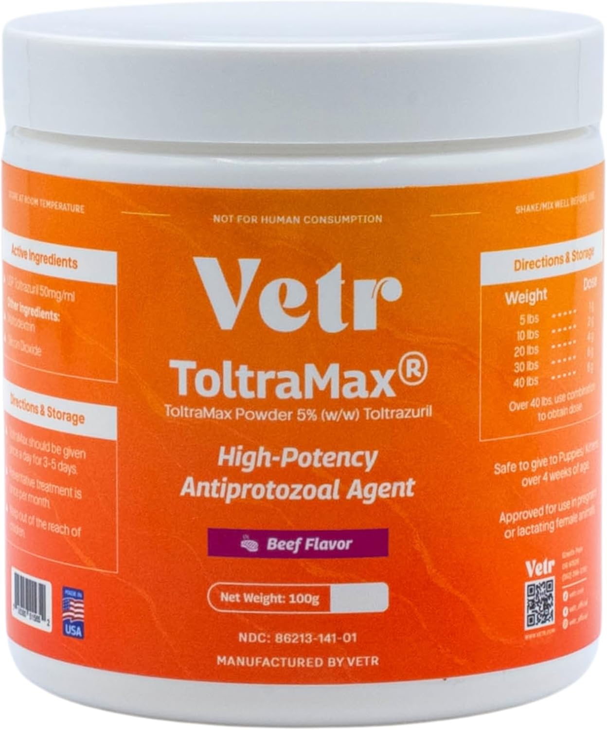 Vetr's Toltramax Toltrazuril Powder for Horses, Dogs, Cats, 100g (10.0%, Chicken)