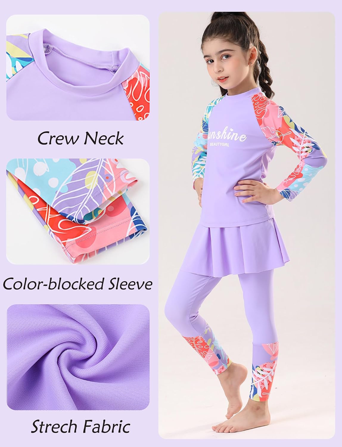 Happy Cherry Girls Rash Guard Swimsuit 3 Piece Long Sleeve Swim Shirt with Shorts Long Pants Bathing Suit Swimwear