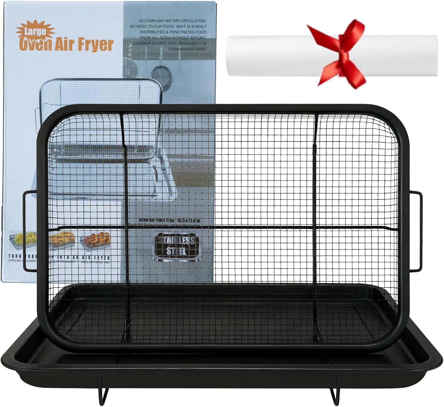 Air Fryer Basket for Oven, 15.6″ x 11.6″ Extra Large Stainless Steel Air Fryer Tray and Crisper Pan with 50 PCS Parchment Papers, Non-Stick Oven Basket for Baking, Grilling, and Cooking(Black) Air Fryer Basket for Oven, 15.6″ x 11.6″ Extra Large Stainless Steel Air Fryer Tray and Crisper Pan with 50 PCS Parchment Papers, Non-Stick Oven Basket for Baking, Grilling, and Cooking(Black)