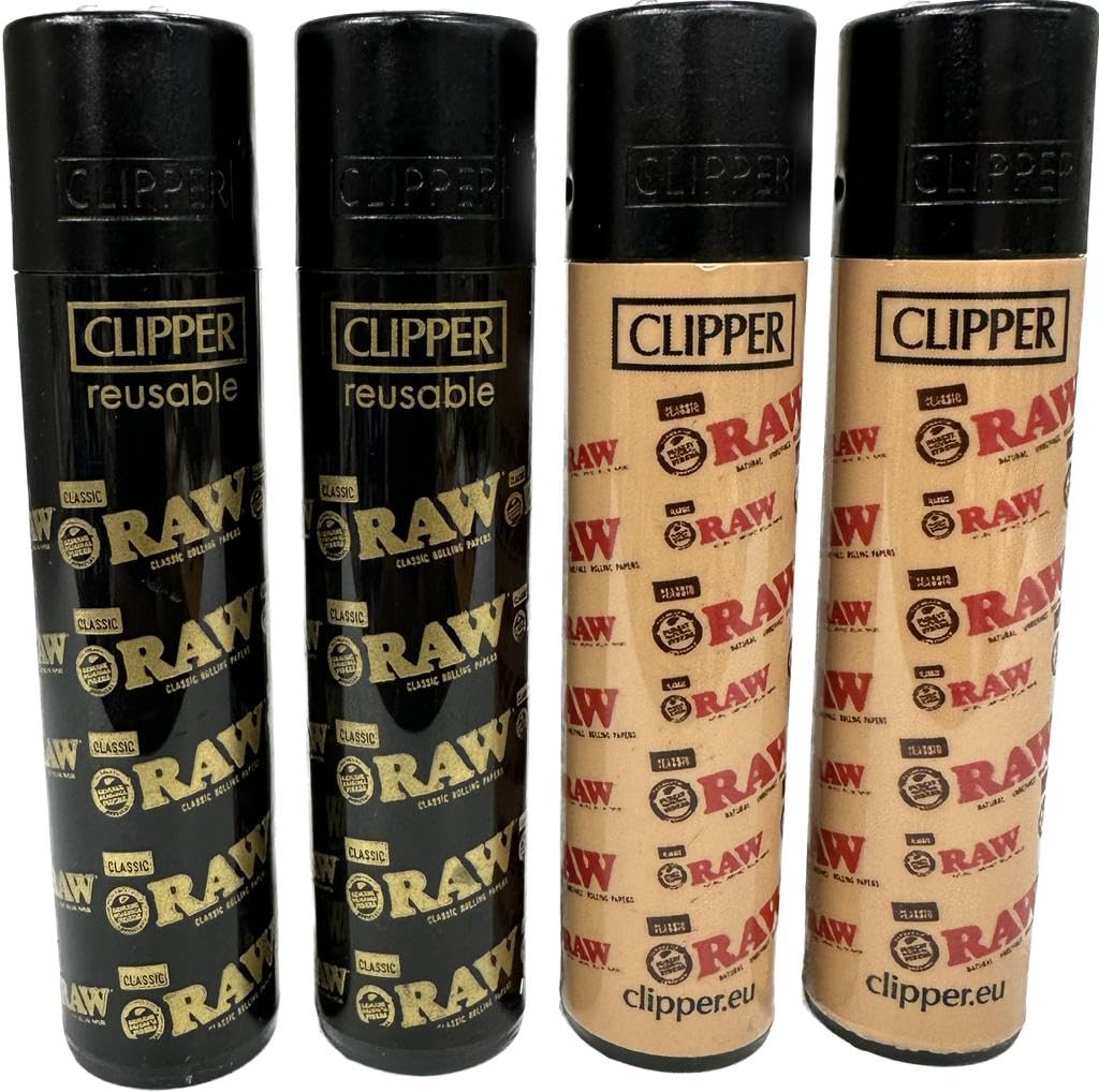 Raw Clipper Lighter Set, 4 Standard Size Lighters Multipack, Refillable Butane Clipper Lighter Compatible With Clipper Flints, Collectible Raw Theme Gift Pack