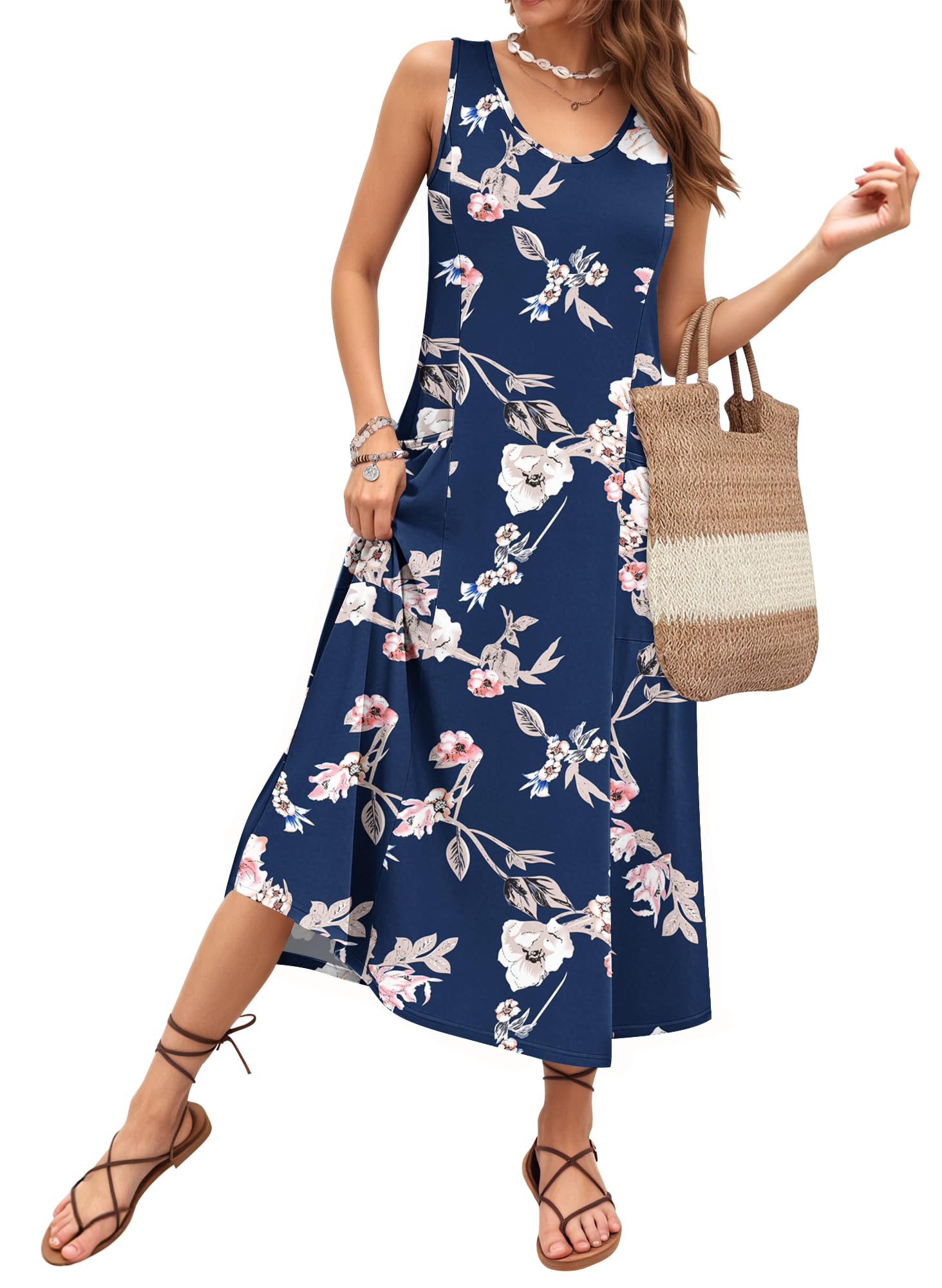 AUSELILY Sommerkleid Damen Lang Ärmellose Lockeres Maxikleider Damen Sommer U-Ausschnitt A Linien Strandkleid Damen Luftig Urlaubskleid mit Taschen