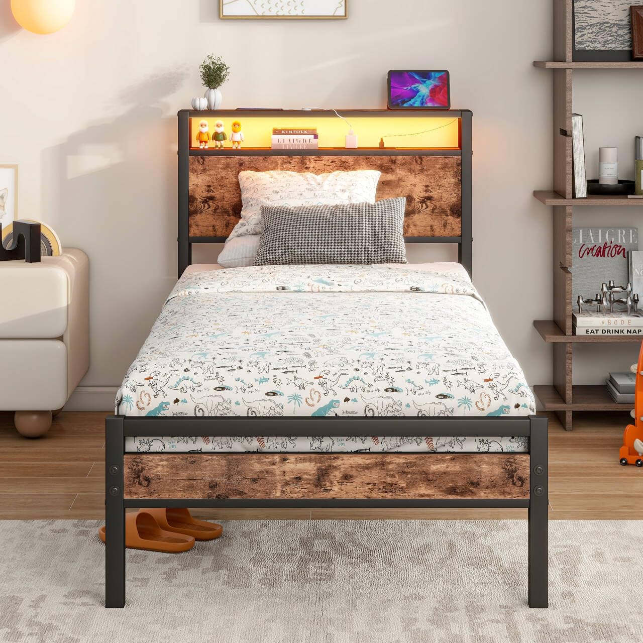 BORPHOM Single Bed with Storage Wooden Headboard,Heavy Duty 3ft Metal Platform Single Bed Frame with Charging Station,LED Lights,No Box Spring Needed,Strong Steel Slats Support,Noise Free,Brown — image 1