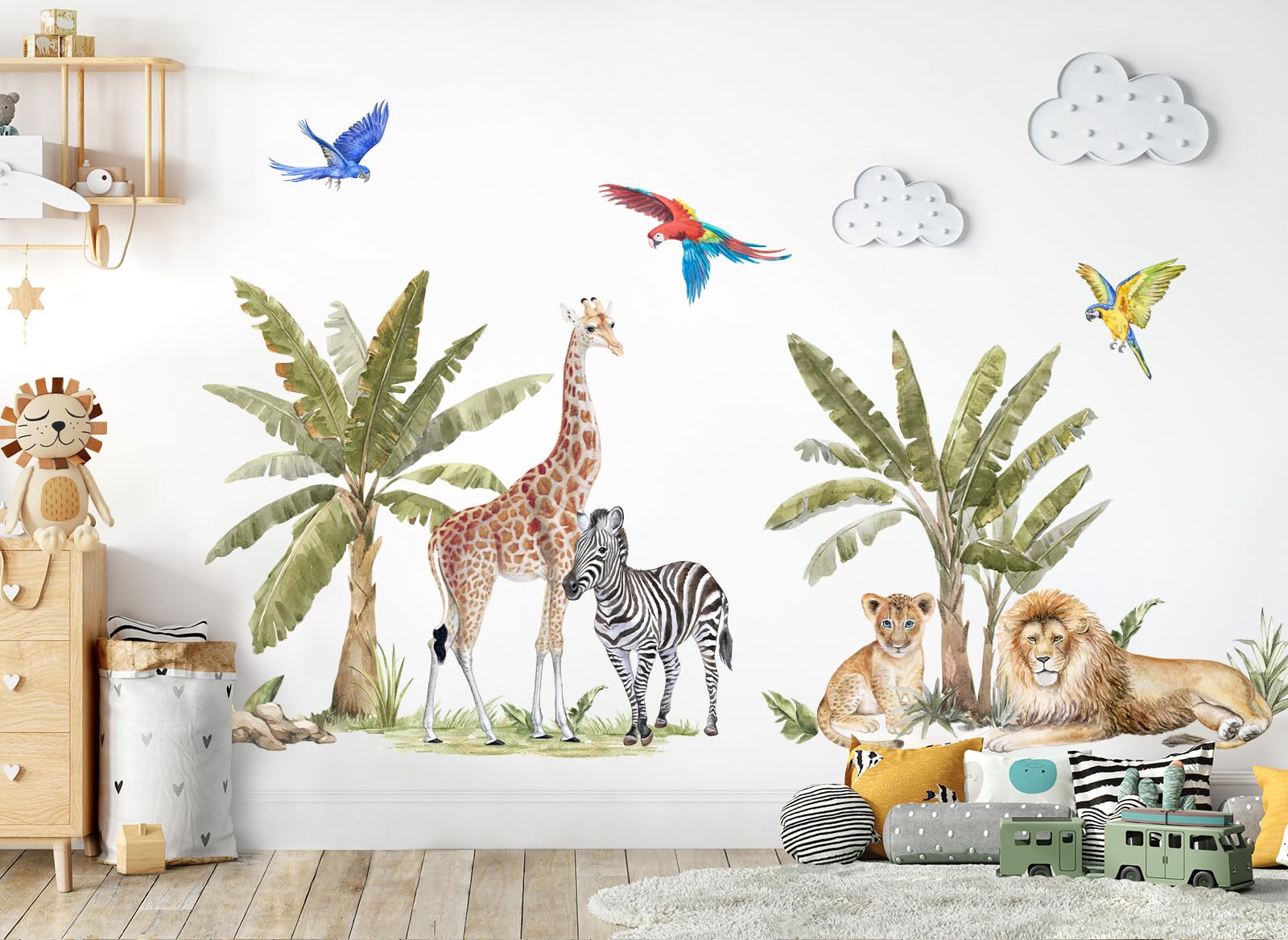Grandora Dschungeltiere Wandsticker Safari Zebra Giraffe Löwe Wandtattoo für Kinderzimmer Wandaufkleber Tropische Bäume Babyzimmer Deko DL842-5