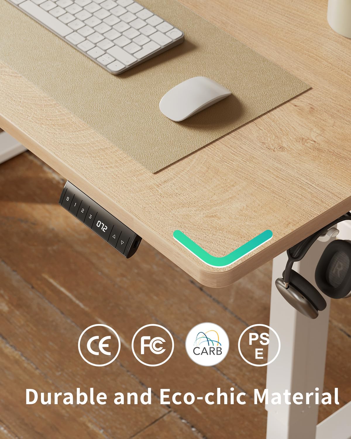 FEZIBO Höhenverstellbarer Schreibtisch EINTEILIGER Tischplatte, 120 x 60 cm Schreibtisch Höhenverstellbar mit USB-A und USB-C-Ladeanschlüssen, Steh-Sitz Tisch für Heimbüro, Standing Desk, Eiche
