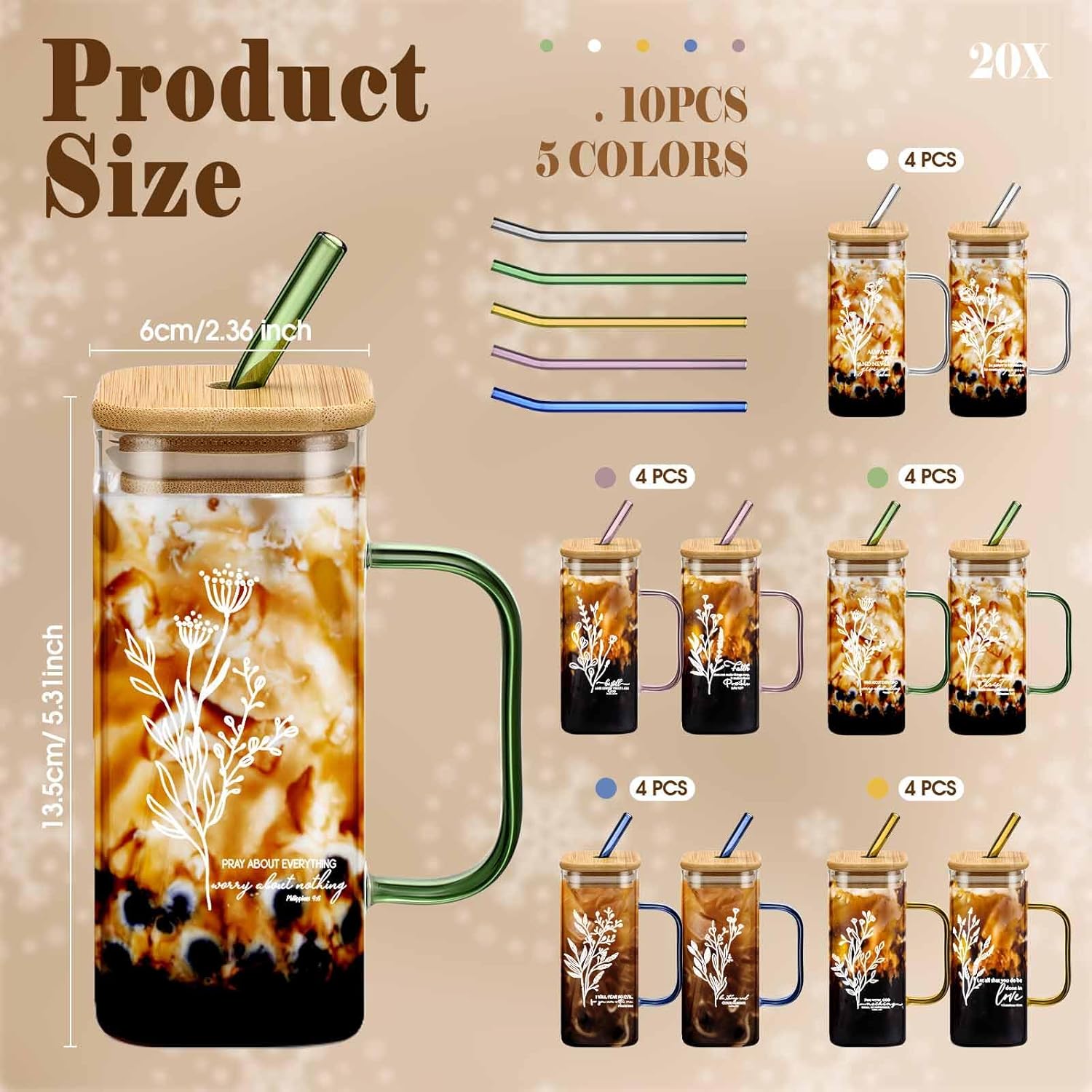 20pcs Easter Christian Glass Cup Gift for Women Bulk 13.5oz Bible Verse Tumbler with Handle Lid Straw Pastor Wife Religious Water Bottle Scripture Coffee Mug for Church Sunday School Teacher