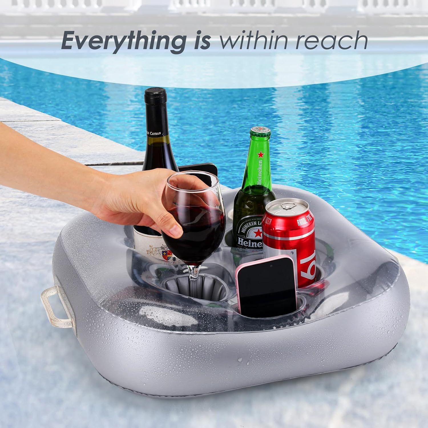 Floating Drink Holder for Hot Tub Large Capacity Drink Float with 6 Storage Holes, Ideal for Pool Accessories, Snacks, Speakers (Silver)