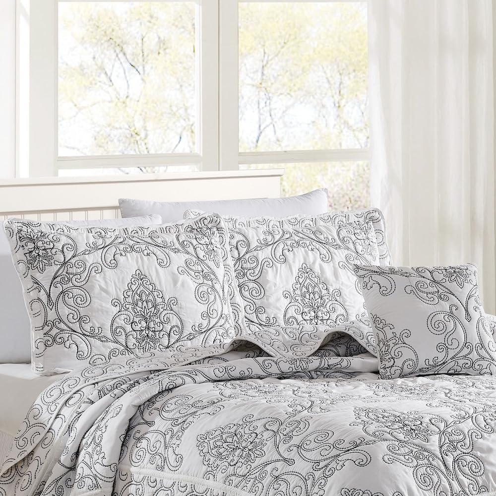 TRP French Country Style 4 Piece Pretty Embroidered Geometric Pattern Oversized King Bedspread | All Seasons Shabby Chic Bedding White Cream Gray Color Designer Aesthetic Look Soft Plush Cozy Feel