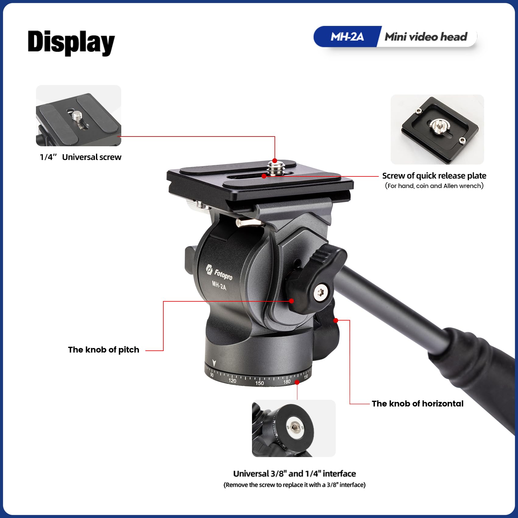 Fotopro Cabezal fluido de vídeo mini trípode con placa de liberación rápida y mango ajustable, carga máxima de 3 kg, para videocámaras compactas, cámara réflex digital, color gris