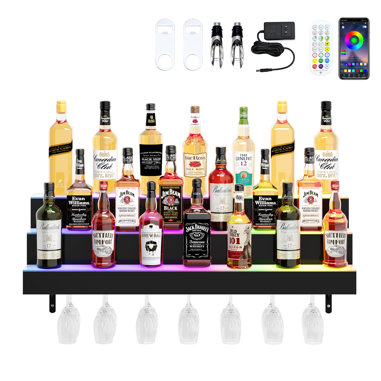 Dethan 3 Tier 40 Inch LED Lighted Liquor Bottle Display Shelf - Wall-Mounted Wine Rack with Multi-Color App & Wireless Remote Control, Adjustable