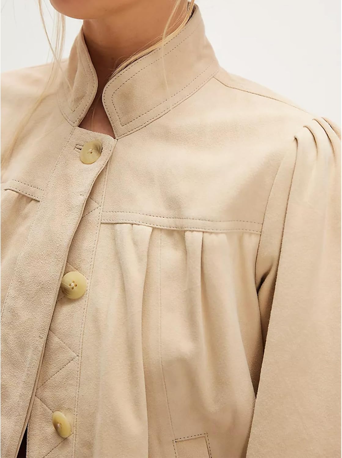 Womens Cropped Faux Suede Jacket Puffed Long Sleeve Stand Collar Button Down Pilot Jackets Coat - Image 3