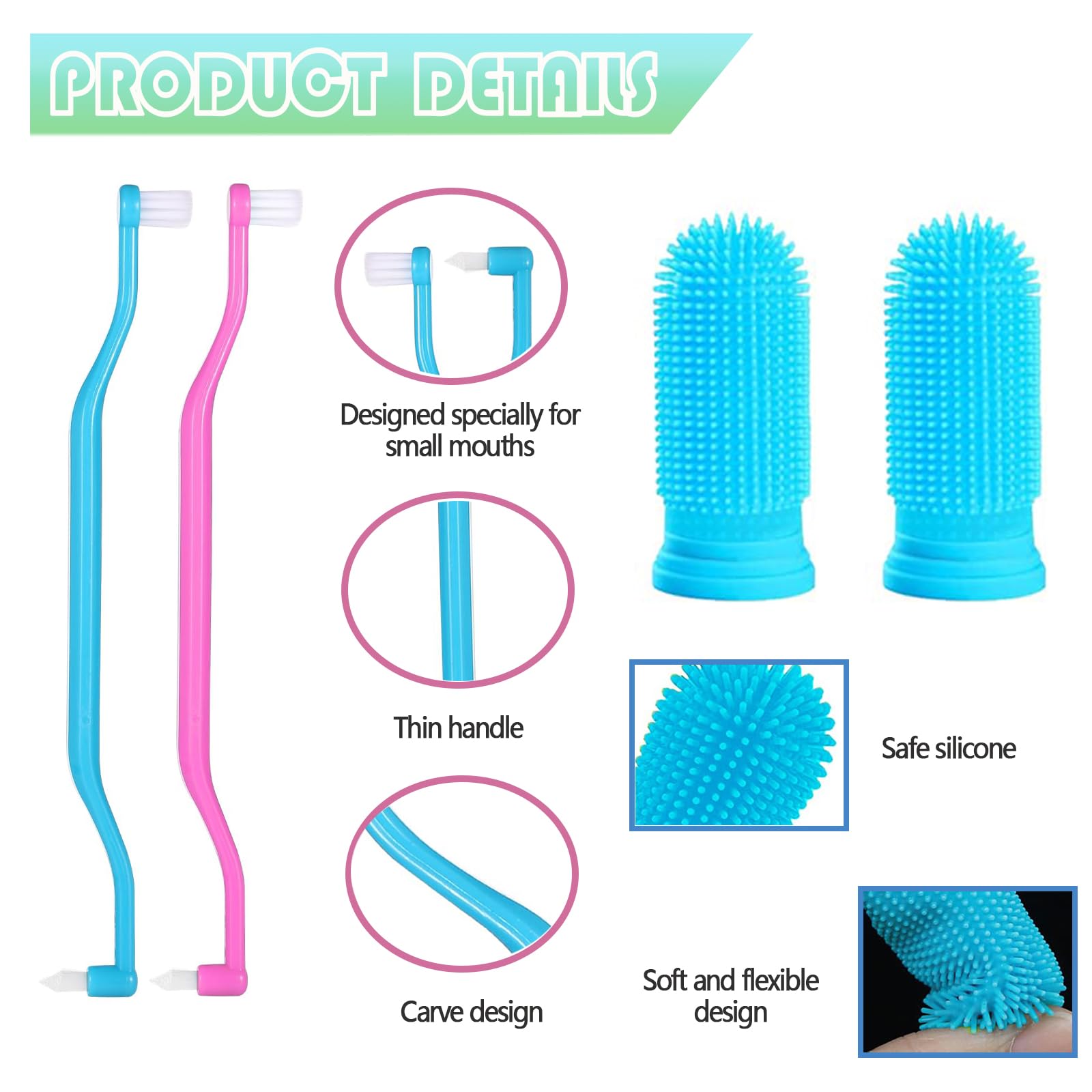 2Pcs Small Dog Toothbrush and 4Pcs Cat Finger Toothbrush, Reusable Flexible Cat Tooth Brush (Blue, Pink), 1 count (Pack of 6) - Image 3