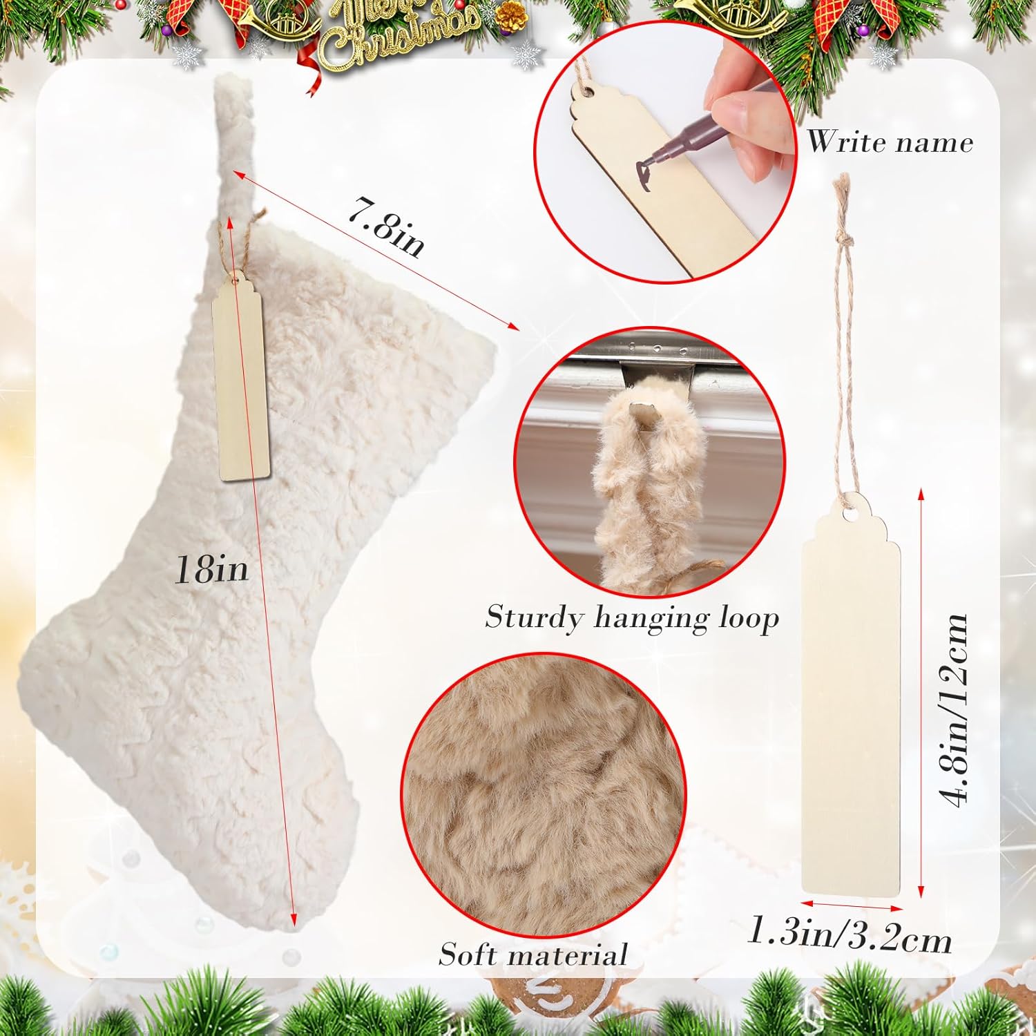 4 Pcs 18 Inch Neutral Personalized Christmas Stockings Bulk with Name Tags, Large Plush Rustic Farmhouse Xmas Stocking Modern Brown Decor for Fireplace Holiday Family(White Beige Camel Light Brown)