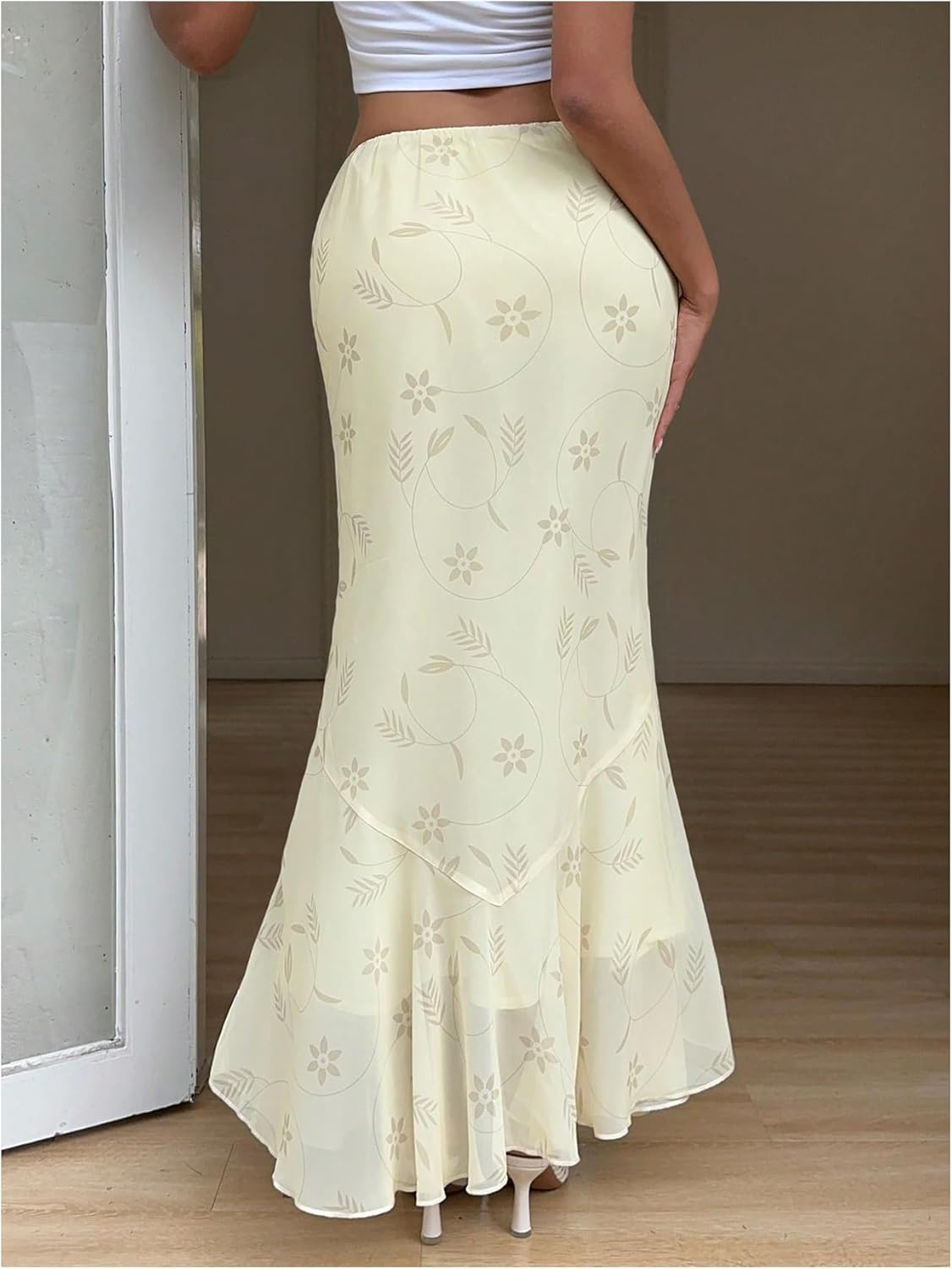 MakeMeChic Women's Summer Mesh Floral Skirt Low Waist Ruffle Fishtail Maxi Skirts - Image 3