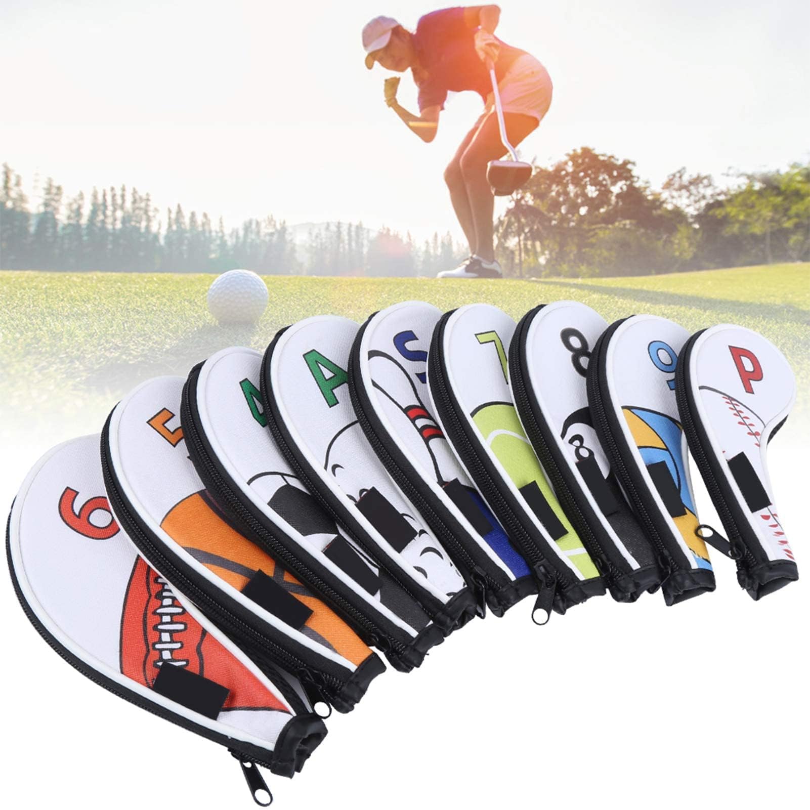 9Pcs Couvre-têtes de Clubs de Golf en Forme de Fer, Étanche Couvre-Clubs de Golf avec numéro pour Hommes Femmes, golfeurs droitiers et gauchers Compatibilité Universelle avec Tous Les fers