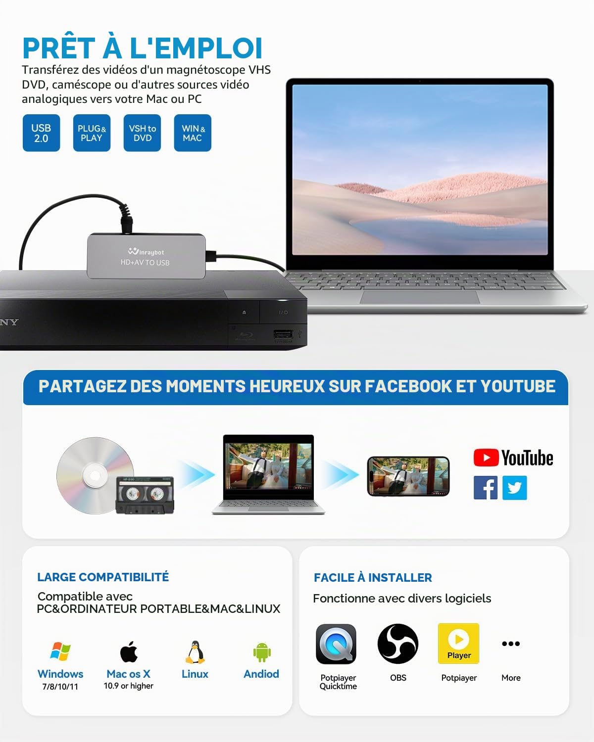 Convertisseur VHS vers numérique, convertisseur RCA vers USB adaptateur analogique vers numérique pour VHS/HI9, carte de capture vidéo pour ordinateur portable, HDMI pour streaming vidéo, convertir