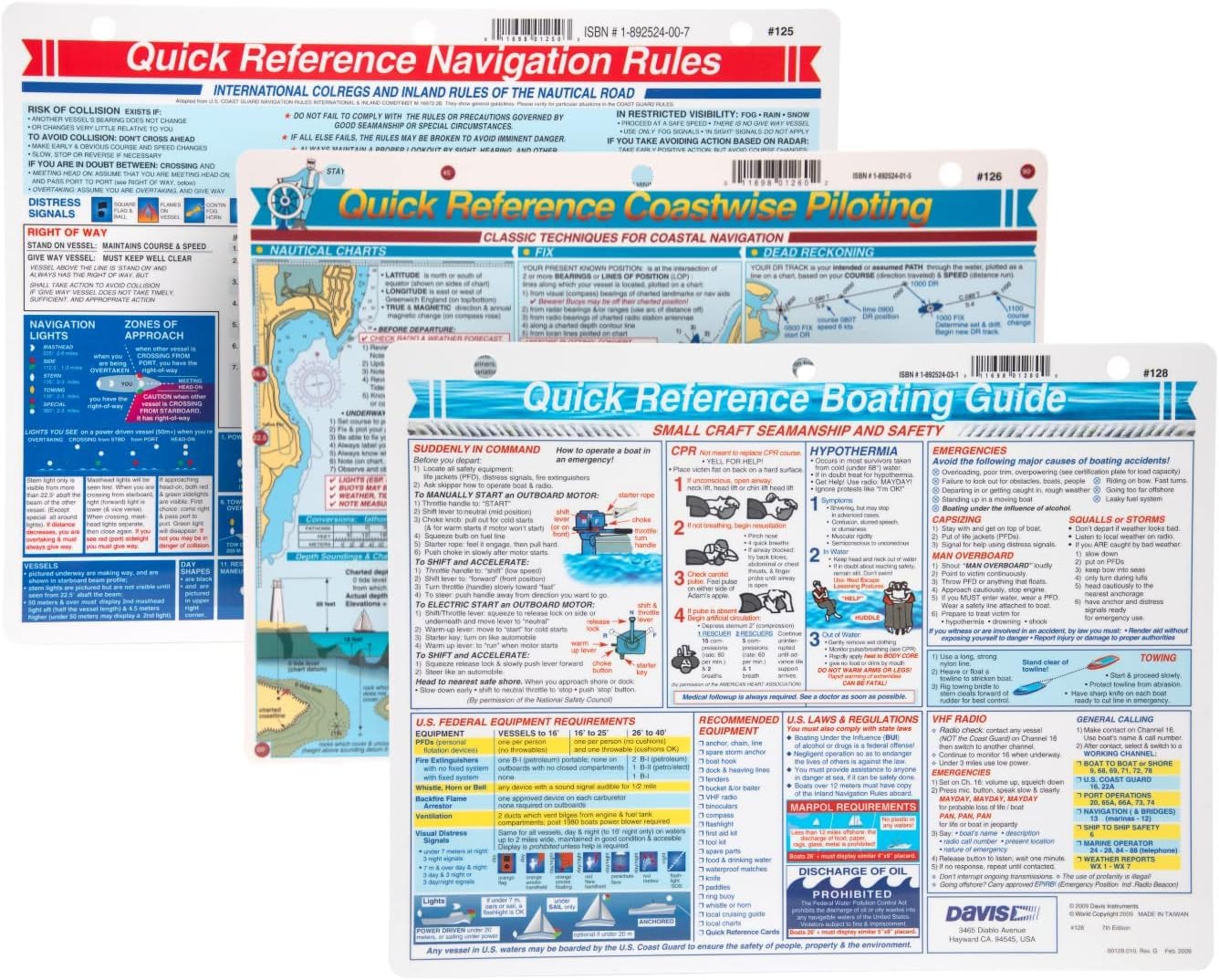 Davis Instruments Waterproof Boating Quick Reference Cards Bundle - Navigation 125, Coastal Piloting 126 & Procedures 128 (3 Items)