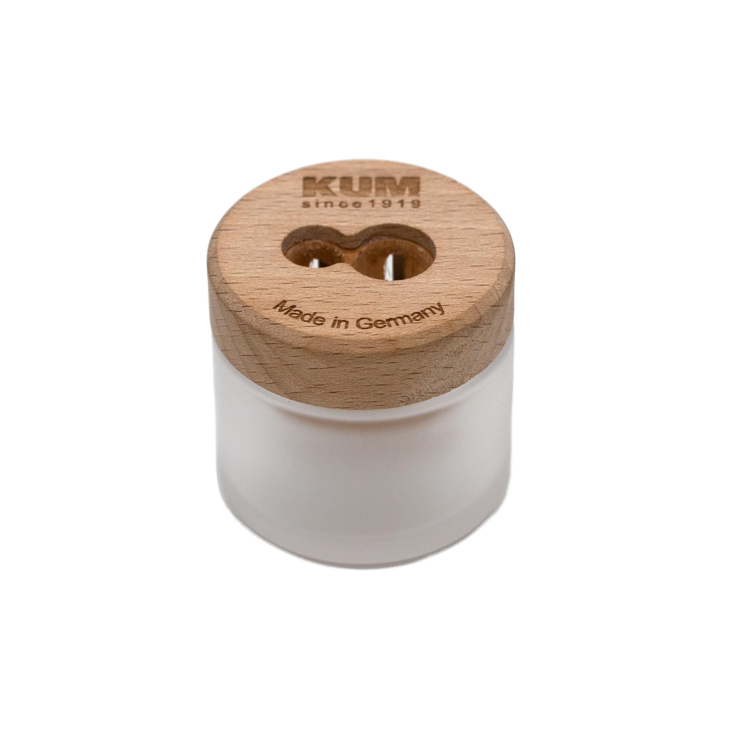 KUM 1071011 Woodruff Double Sharpener with Glass Container, Sustainable, Made of Wood, for Thick and Thin Pencils