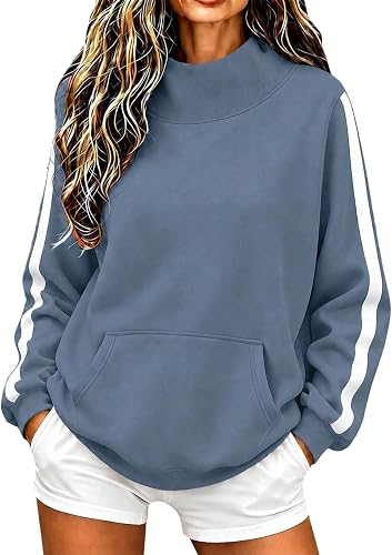 Coal2ToalPW Womens Mock Neck Sweatshirt Striped Sleeve Pullover Top Blue