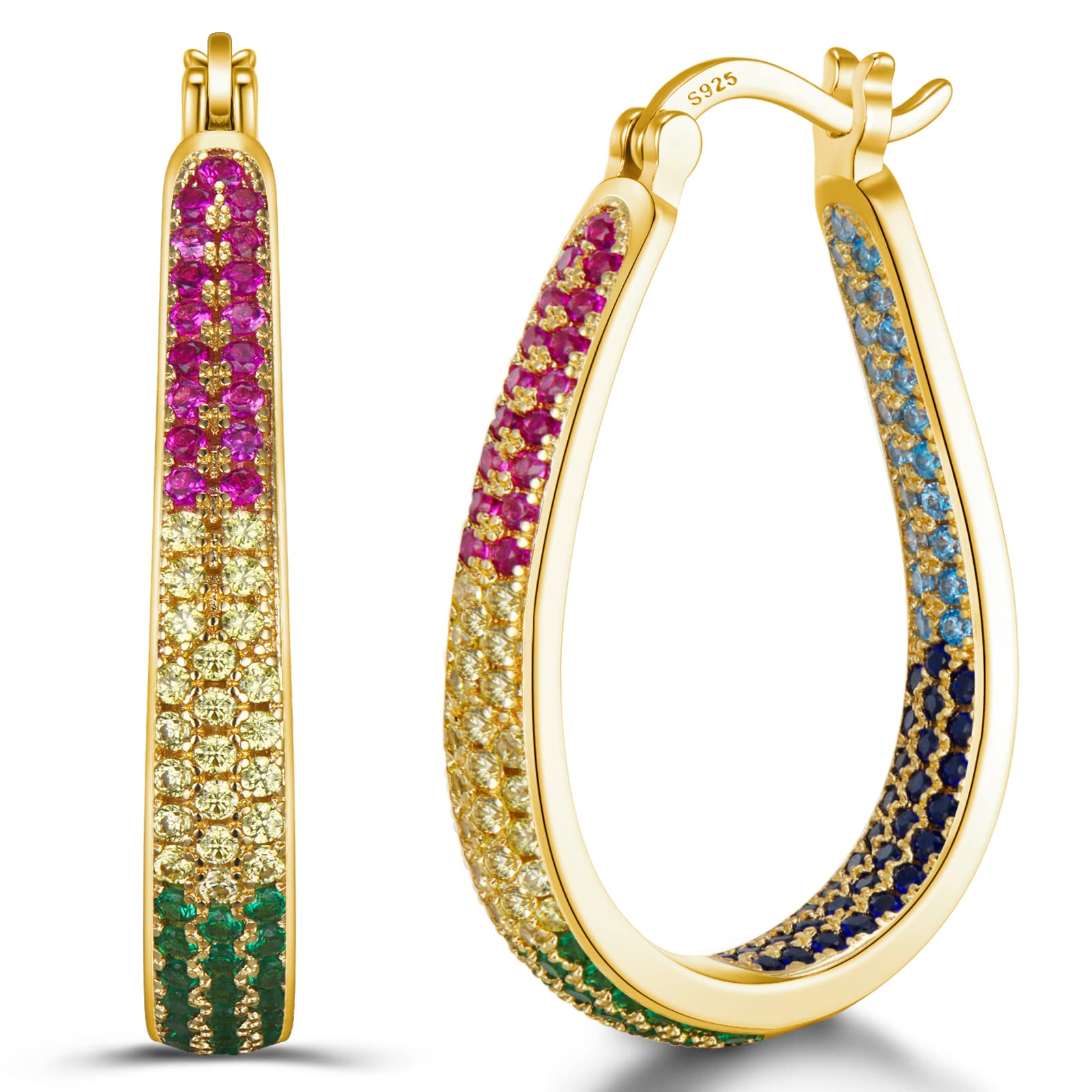 925 Sterling Silver Post Hoop Earrings for Women Gilrs Multcolors Cubic Zirconia 14K Gold Plated Oval Chunky Silver Gold Hoop Earrings weinuo Jewelry