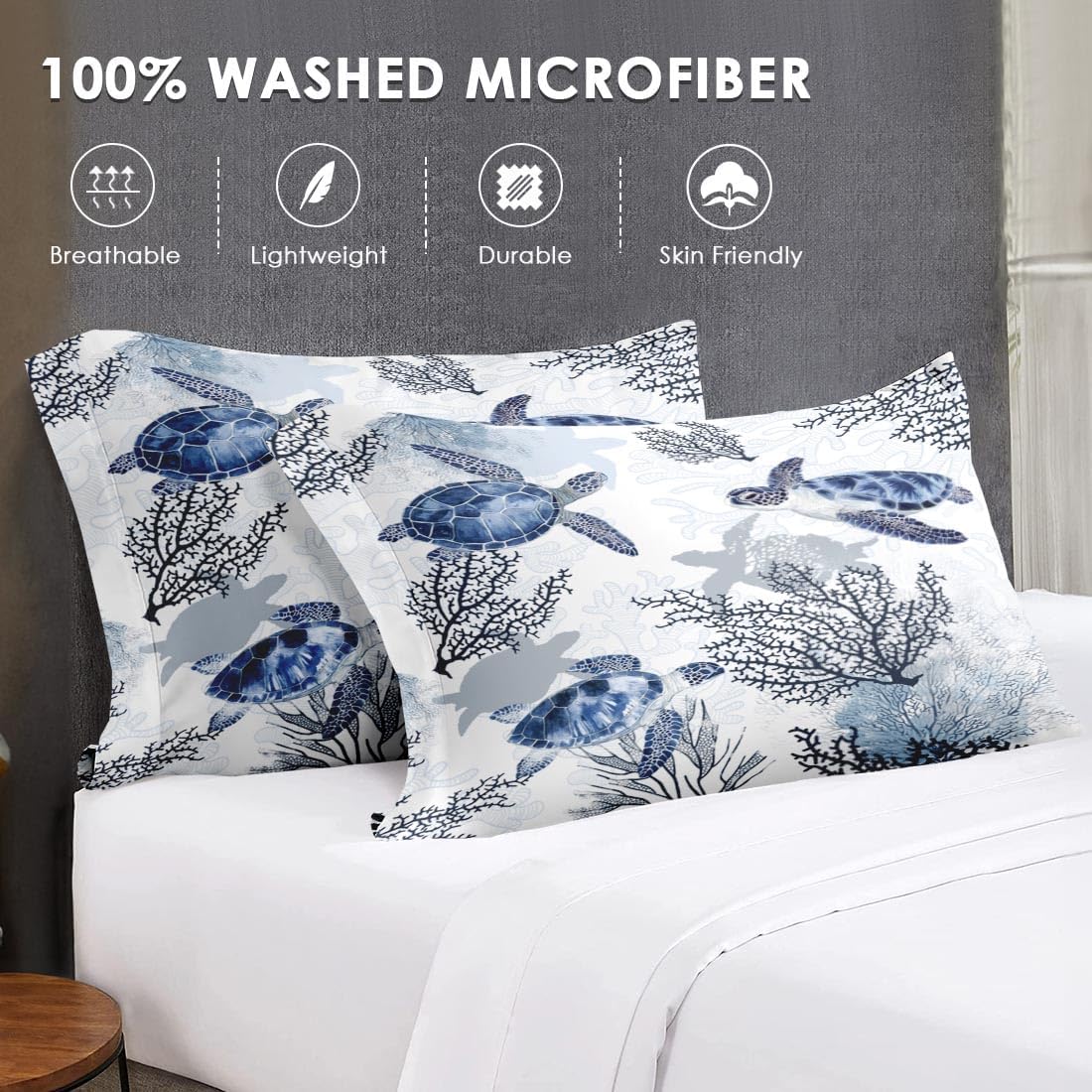 7 Pcs Queen Size Comforter Set with 2 Pillowcases & 2 Shams, Ocean Sea Coral Bedding for Kids and Adults, Blue Animal Turtle Bed in a Bag with Flat Fitted Sheet - Image 7