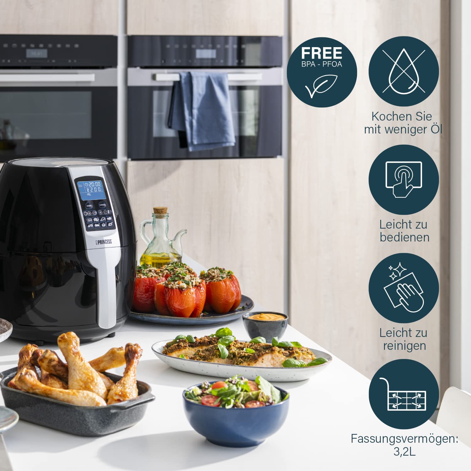 Princess Heißluftfritteuse mit 3,2 Liter, Digitalem Display, 8 Programme, 1500 Watt, Ohne Öl, Air Fryer - Aerofryer182020