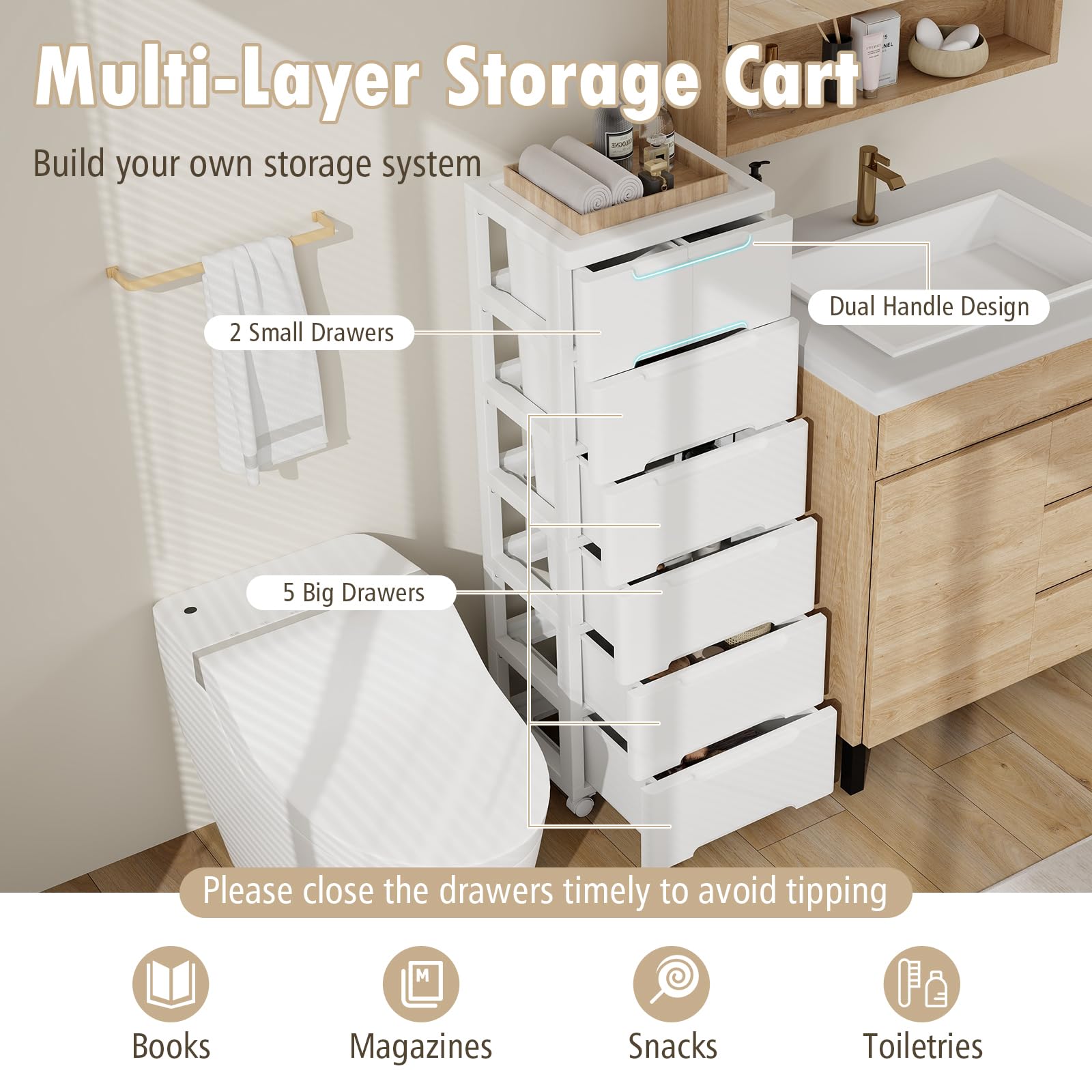 GIANTEX Armadietto per nicchia con ruote, scaffale per nicchia con 7 cassetti, carrello stretto con serratura a rotelle, carrello da bagno con piccolo armadio a cassetti 40 x 32 x 114 cm, bianco