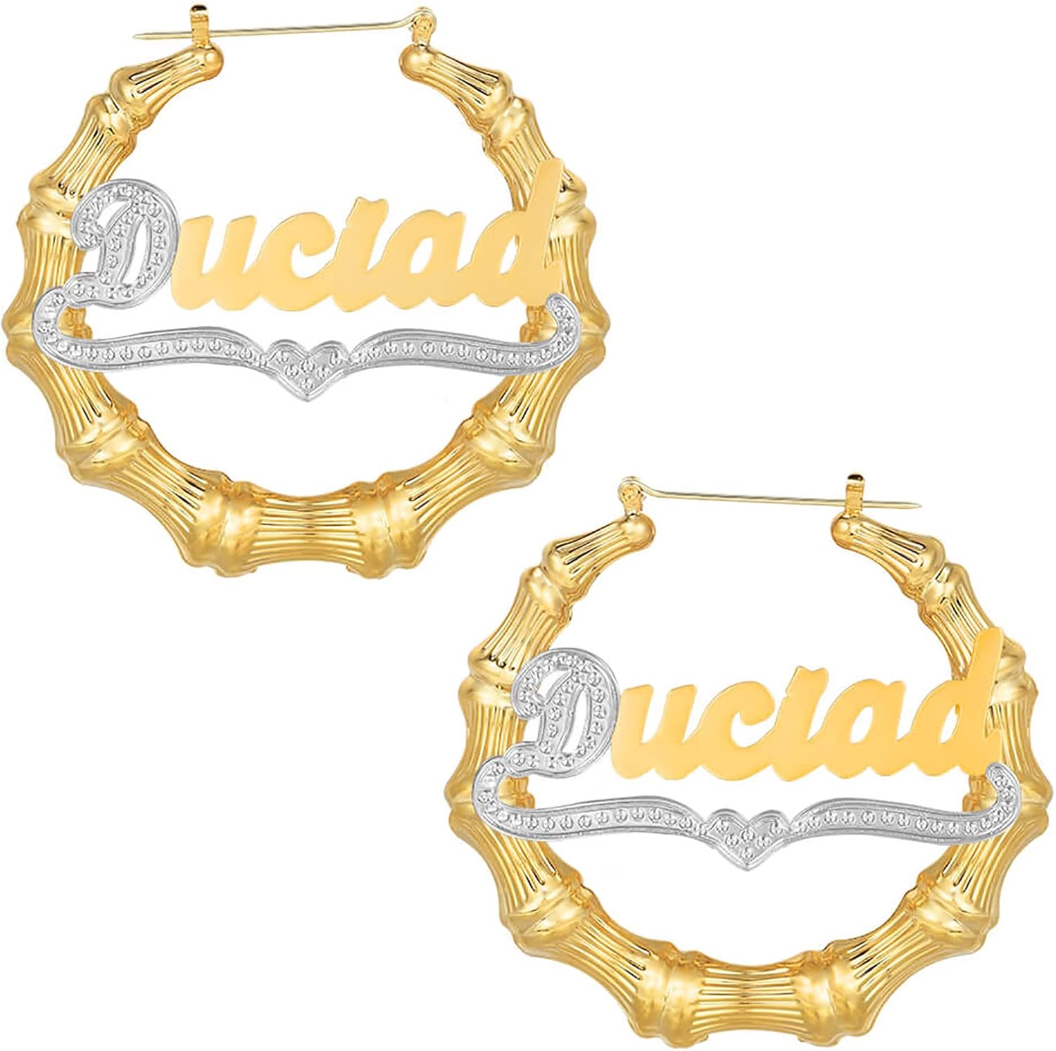 Personalized Name Earrings for Women Bamboo Hoop Custom Nameplate Earrings 18k Gold Plated Initial Name Earrings with Heart Exquisite Birthday Mother's Day Jewelry Gifts for Women Girls