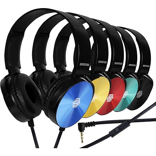 Classroom Headphones With Microphone Bulk 10-Pack, Student On Ear Comfy Swivel Earphones for Library, School, Airplane, Online Learning and Travel, HQ Stereo Sound 3.5mm Jack (Colored With Microphone)