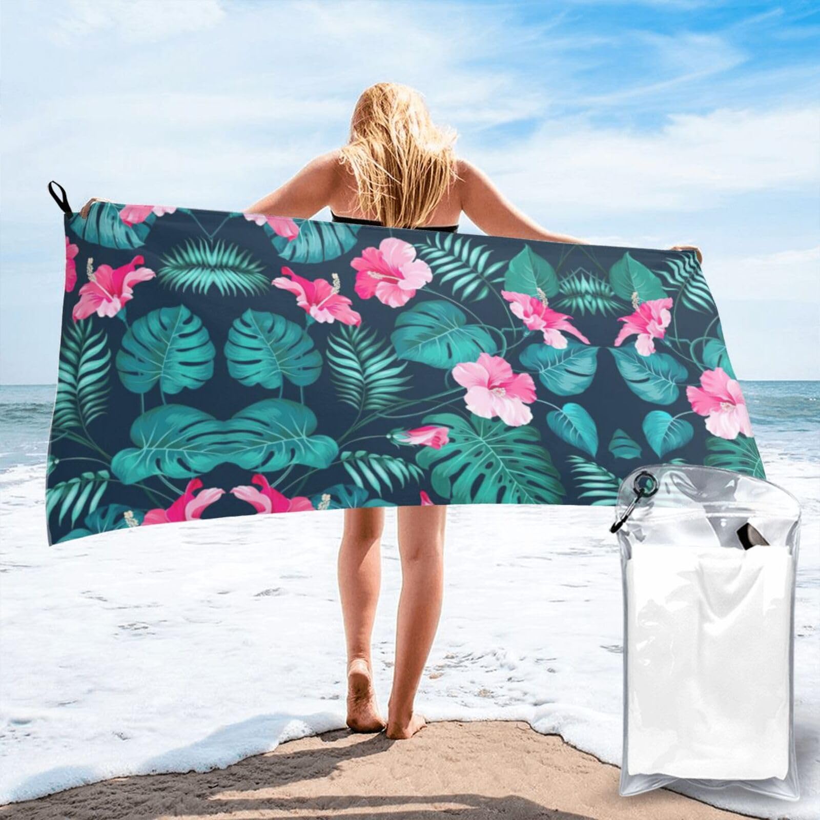ENGhjes Hawaii Pink Flower Print Camping Towel Fast Drying Bath Beach Shower Wrap For Gym Camping Vacation Adults Portable Gift