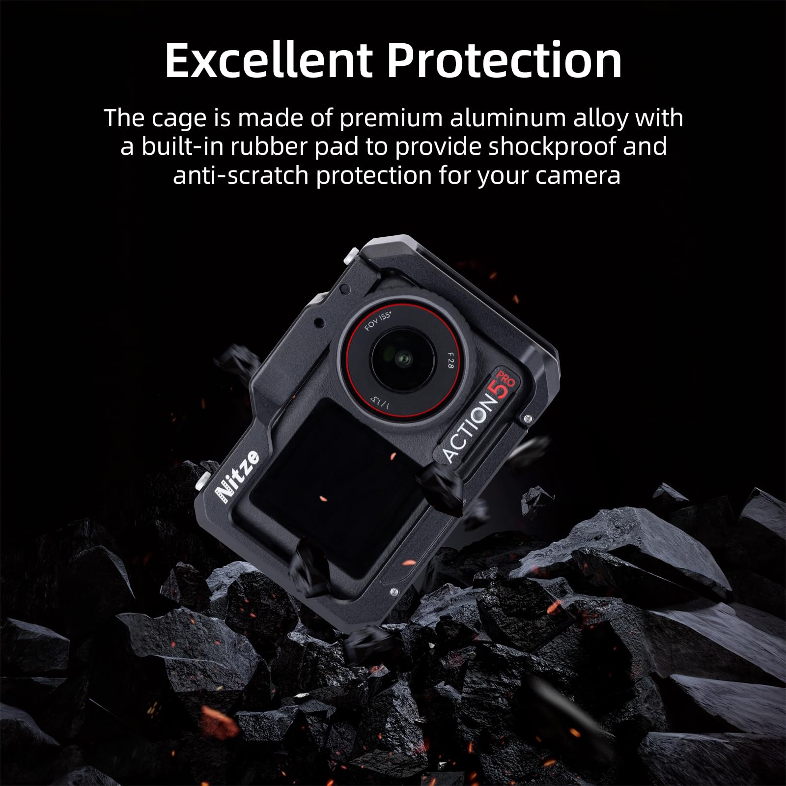 Nitze Cage pour DJI Osmo Action 5 Pro/ 4/3, Cage de Protection en Aluminium avec Interface Magnétique, Trous de Positionnement 1/4" et Cold Shoe pour Microphone ou Lampe Vidéo LED - T-D03A