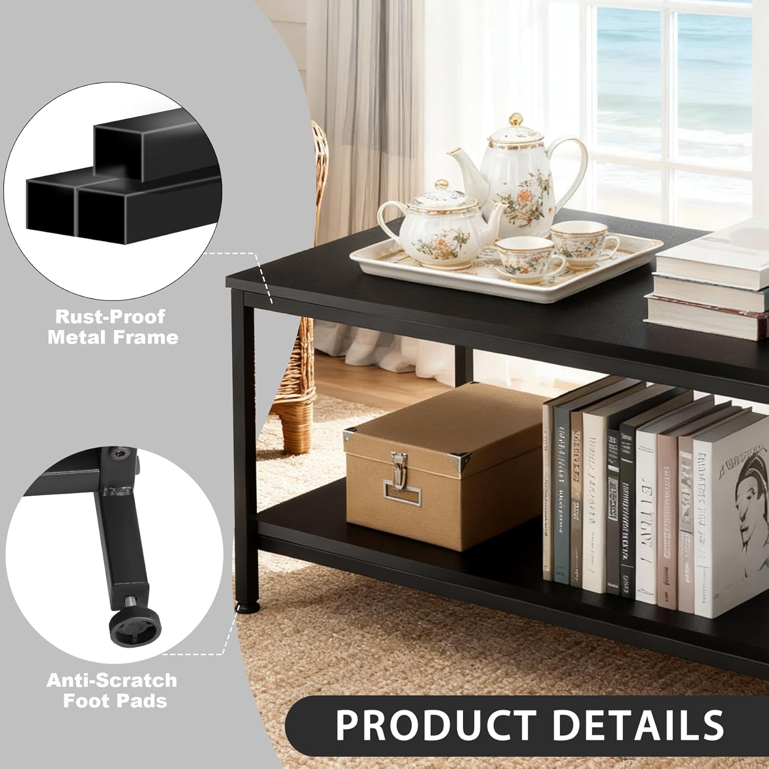 SUPER DEAL 2-Tier Industrial Coffee Table with Storage Shelf for Small Apartment Living Room, Rectangle Wood and Stable Metal TV Stand Side End Table, Black