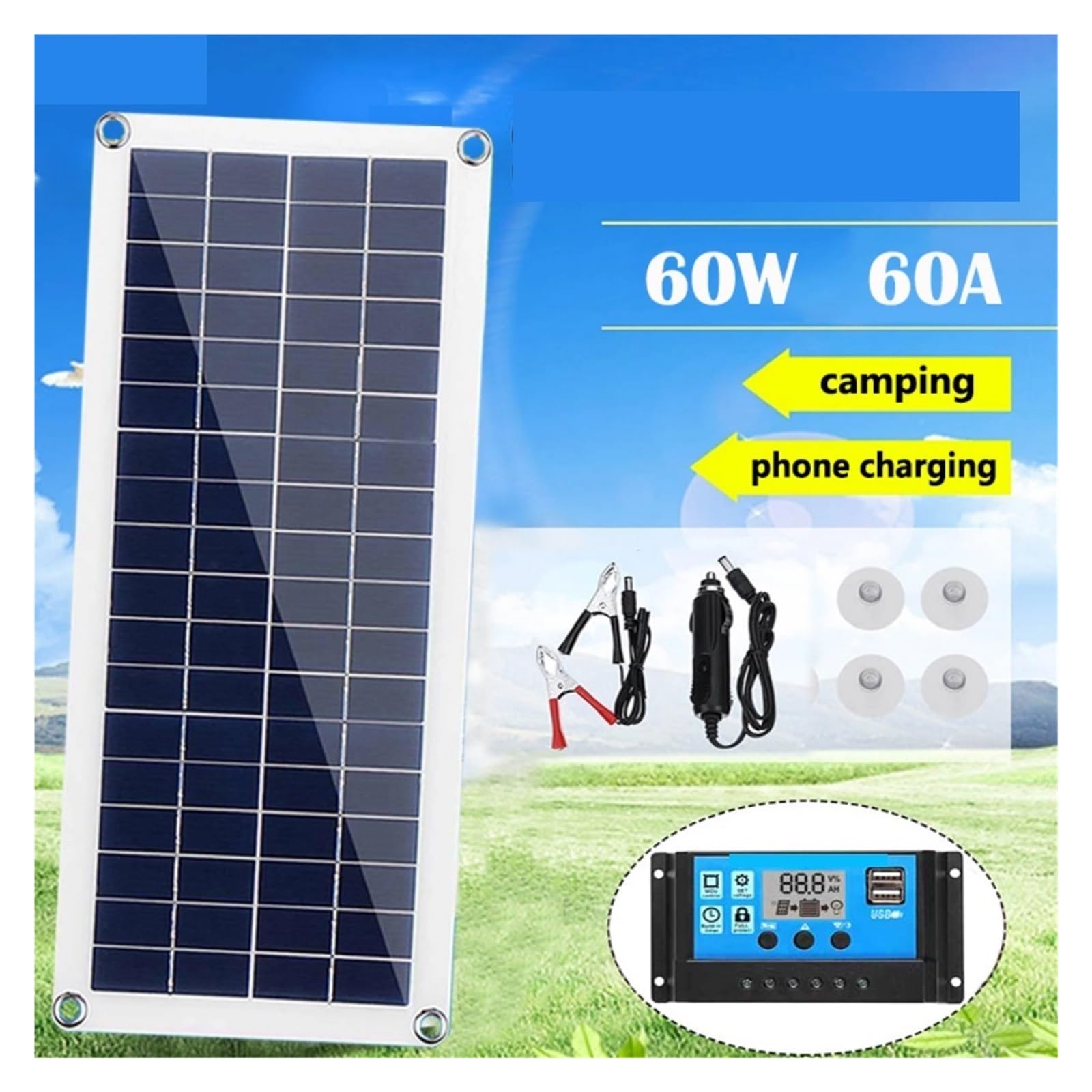 Kit pannello solare 60W completo Dual USB con celle solari controller for caricabatterie for telefono cellulare for yacht for camper e barche for auto Facile Installazione(Solar Panel Kit)