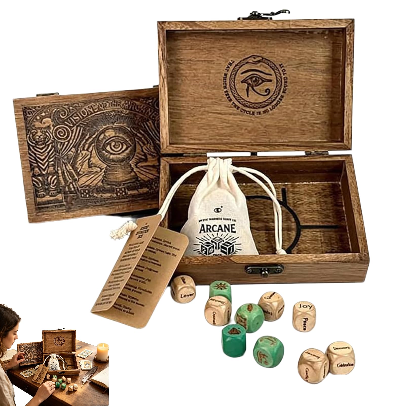 Arcane Divination Dice Set in Wood Box, Arcane Divination Dice Set – Engraved Wooden Box, Oracle Dice for Tarot Ritual, Complete 10-Piece Dice for Deep Symbolic Insight，1 set
