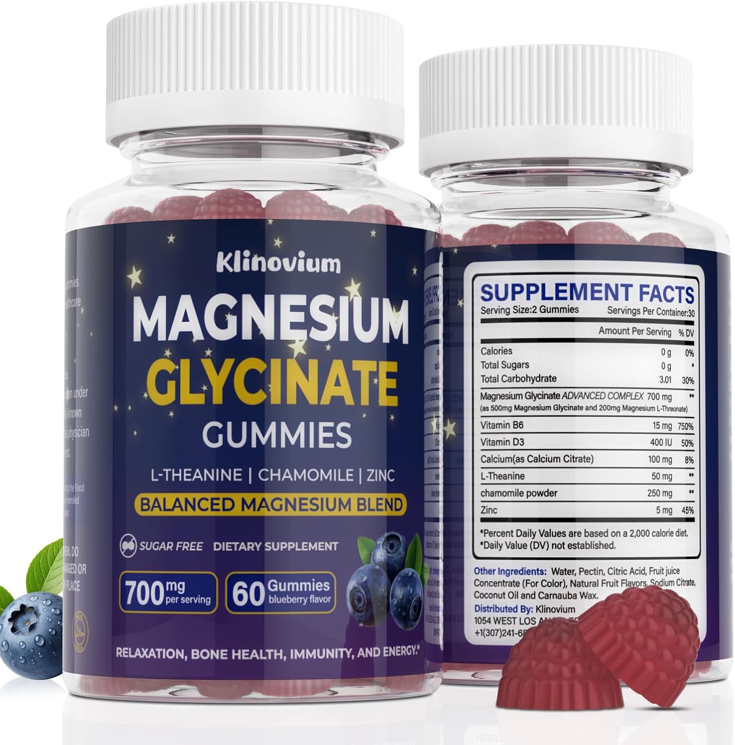 700mg Magnesium Glycinate Gummies, Highly Absorbed Sugar-Free Calm Magnesium Complex Gummies - with L-Theanine and B6 - Magnesium Supplements for Sleep, Calm,Relax & Immune Function, (Blueberry)