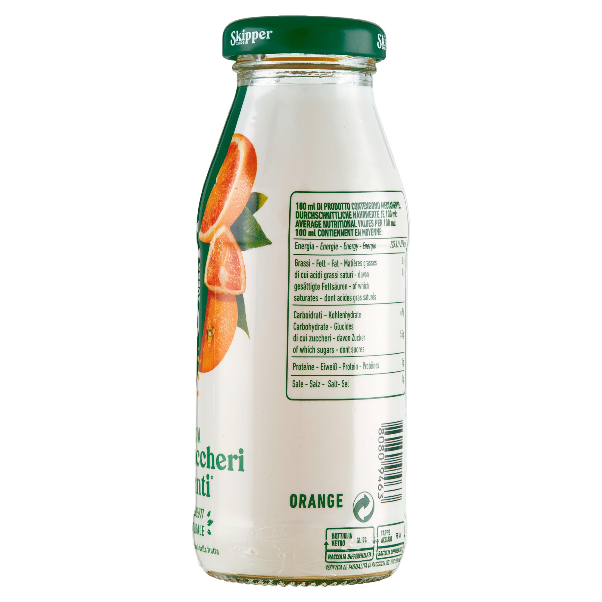 Zuegg Skipper Bar Zumo de Frutas Sabor Naranja Sin Azúcar Añadido, Bar Line en Botella de Vidrio - Bebida Puré de Naranja, Ingredientes 100% de Origen Natural (200ml x 24 Piezas)