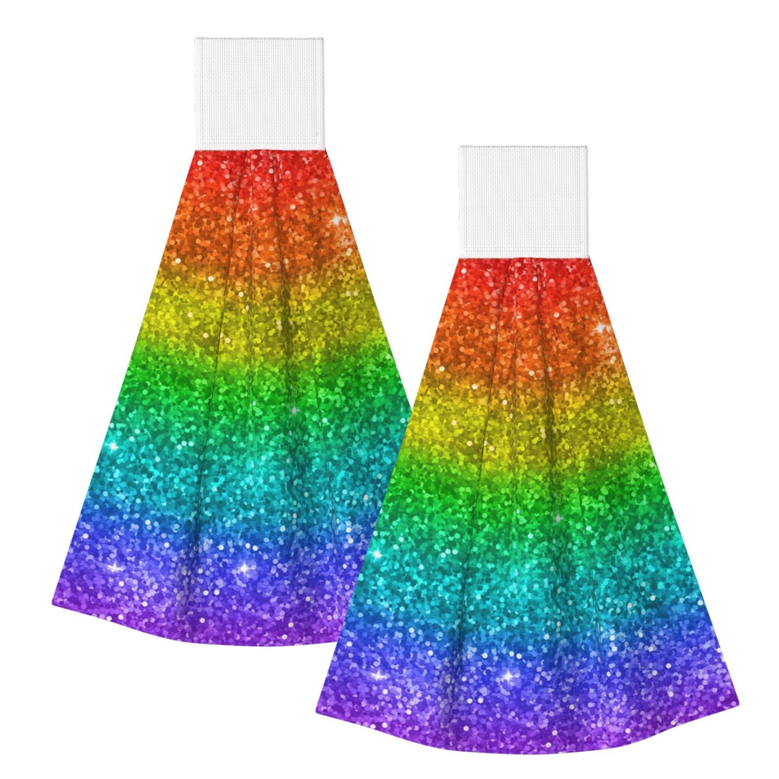 DOPKLNA Multicolor Rainbow Glitter, 2 Pcs Hanging Coral Fiber Hand Towels for Bathroom, Absorbent Kitchen Towels